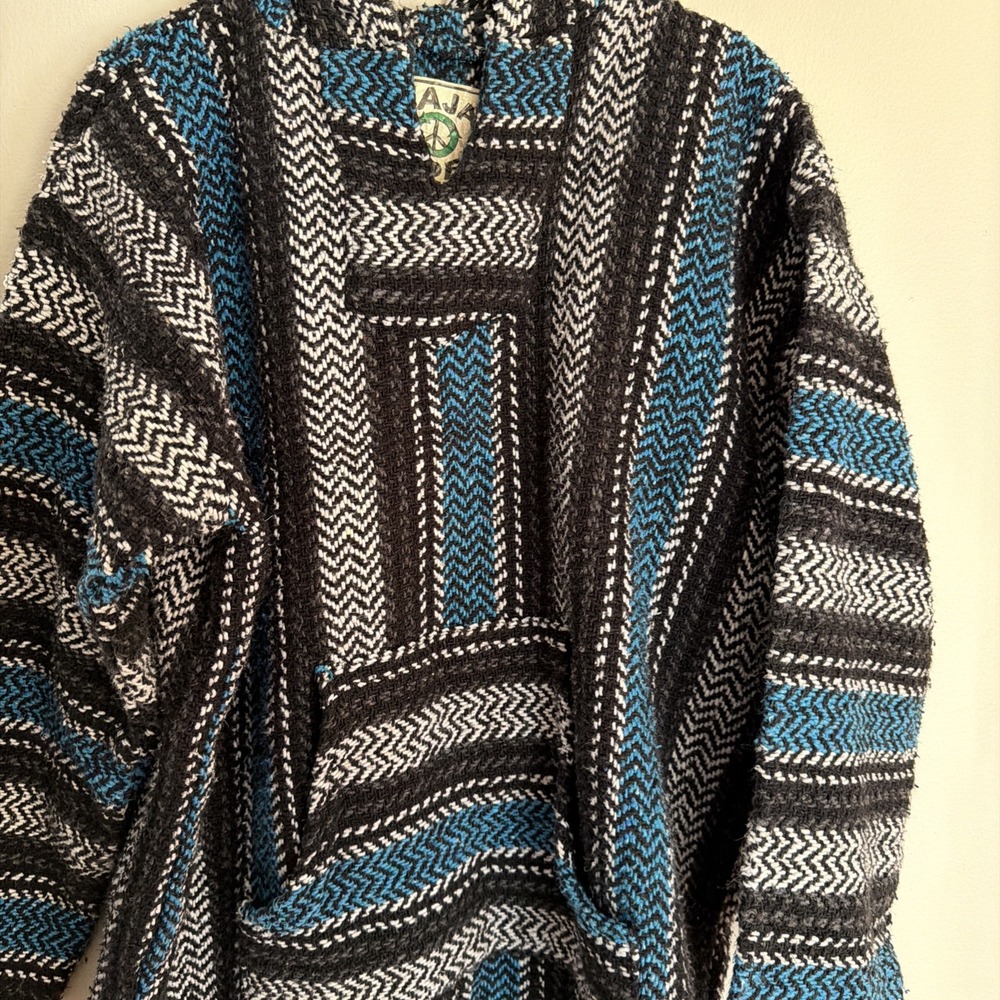 Baja Joe Earth Ragz Black Blue White Drug-Rug Poncho Thick Pullover Hoodie Sz L